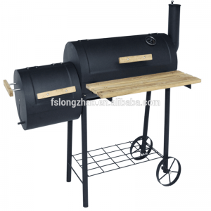 Hög kvalitet två / dubbel / tvilling fat BBQ med skorsten rökare och träbord