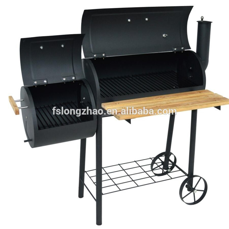 Hög kvalitet två / dubbel / tvilling fat BBQ med skorsten rökare och träbord