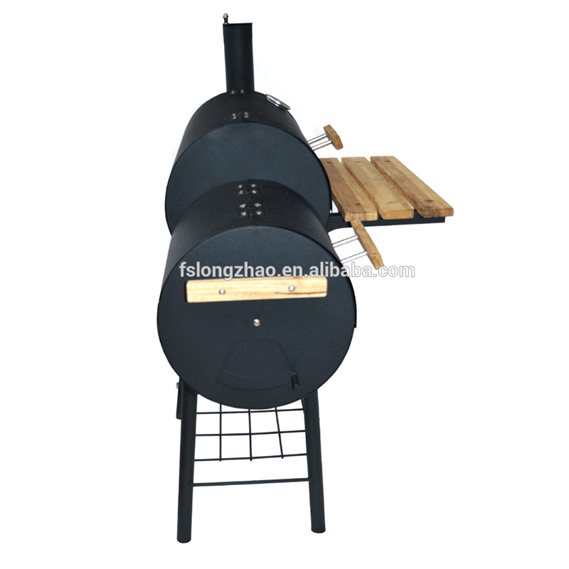 Hög kvalitet två / dubbel / tvilling fat BBQ med skorsten rökare och träbord