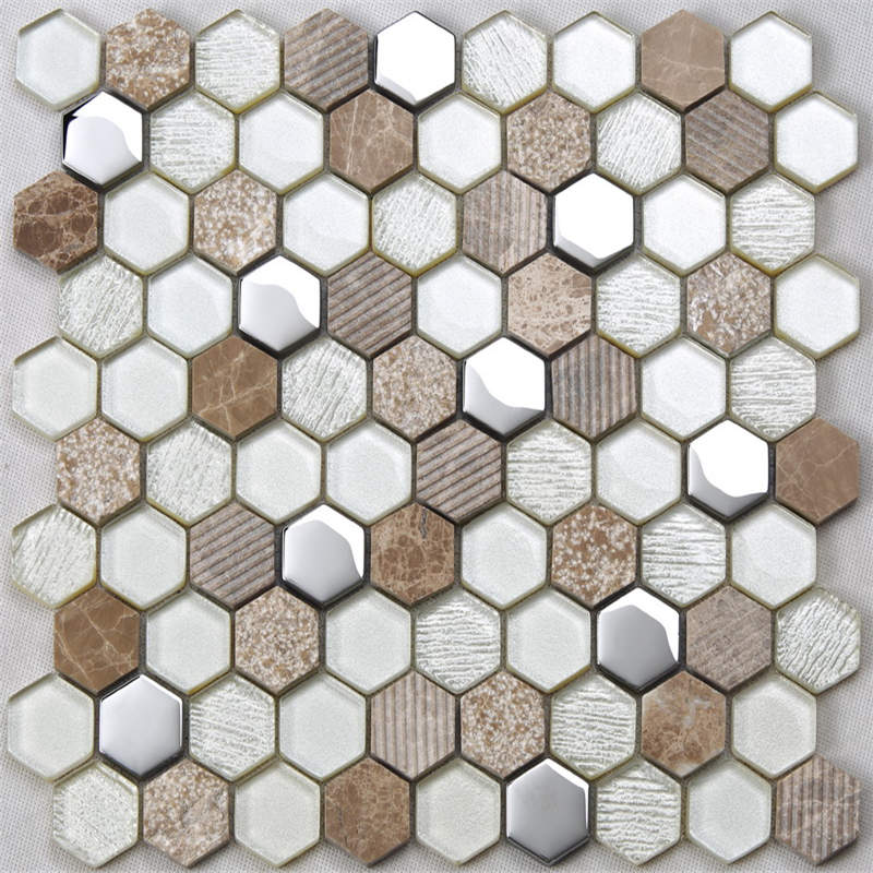 Glitter Silver Plätering Färgad Hexagon Keramisk Väggtegel Kök Backsplash Glasmosaik