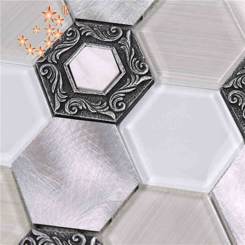 Brushed Alloy Premium Tiles Hexagon Dekorativt vitt glas dekoration vägg mosaik restaurang