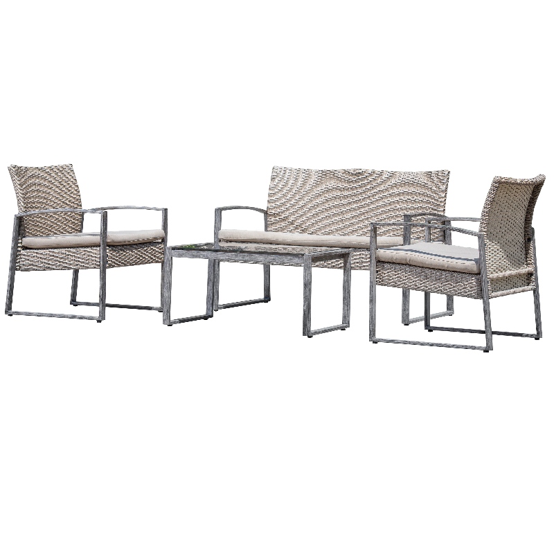 4 delar utomhuskonversationssats Uteplats Trädgård Pool Gräsmatta Rotting Wicker Loveseat Soffa Dämpad Sitt u0026 Glas Top Sofabord Möbler Set