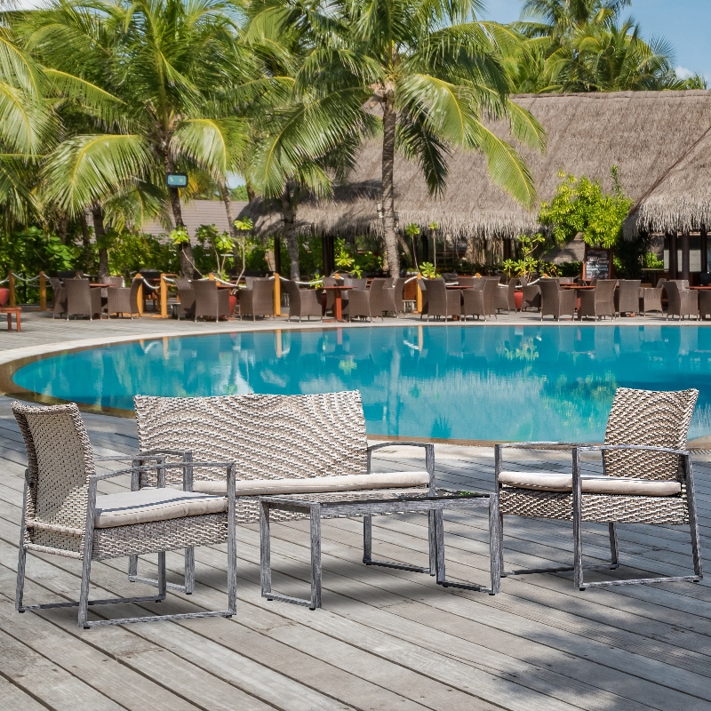 4 delar utomhuskonversationssats Uteplats Trädgård Pool Gräsmatta Rotting Wicker Loveseat Soffa Dämpad Sitt u0026 Glas Top Sofabord Möbler Set