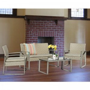 4 delar utomhuskonversationssats Uteplats Trädgård Pool Gräsmatta Rotting Wicker Loveseat Soffa Dämpad Sitt \u0026 Glas Top Sofabord Möbler Set