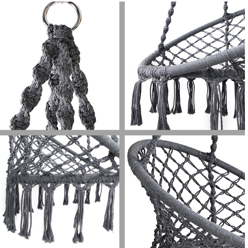 Inomhus utomhus hängstol Macrame för vuxna eller barn 100% handgjord bärbar bomullshängmatta stol i grått
