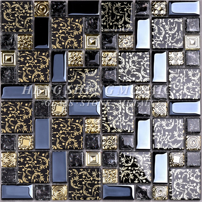 HDT02 Arabesque New Design Guldlinje Laminerad svart glasskonst Blomma Mosaikmönsterplattor för kök Backsplash Wall