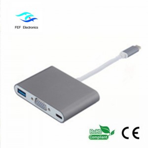 USB TYPE-C till USB3.0 hona + VGA hona + PD tre i en omvandlare ABS-skalkod: FEF - USBIC-007