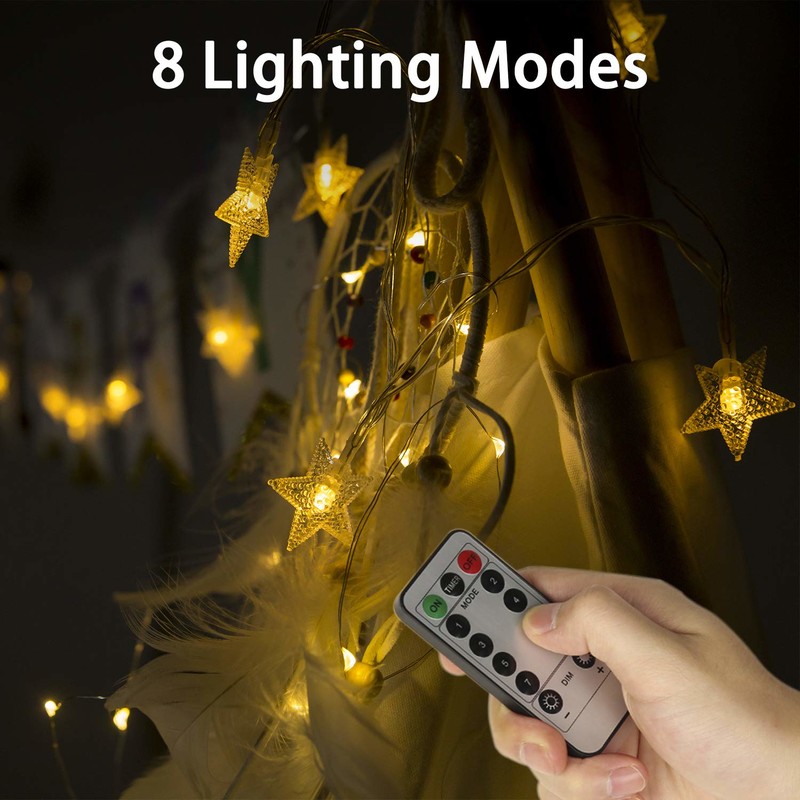 Strålkastare, Rymbo 34ft inomhus- / utomhusstjärnformar-lampor LED-varma vita blinkande lampor u0026 USB-driven och genomskinlig strängkabel och fjärradapter
