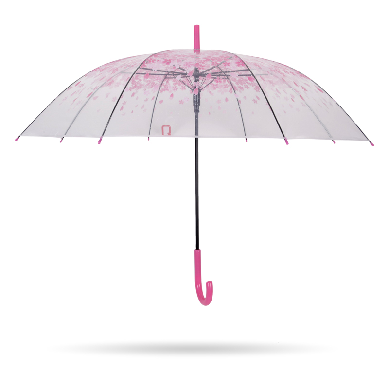 rosa sakura 23 '' 8k autoöppnad plast J-handtag genomskinligt rakt paraply