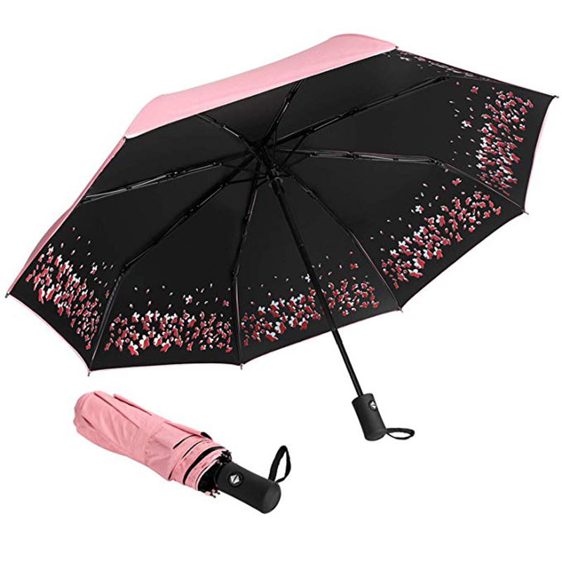 Blommönster designanpassat tryckparaply med svart beläggning UV-skydd 3-fold paraply
