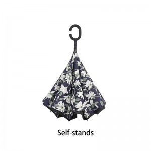 Regnparaply vindtät med blommotryck design omvänd paraply striaght