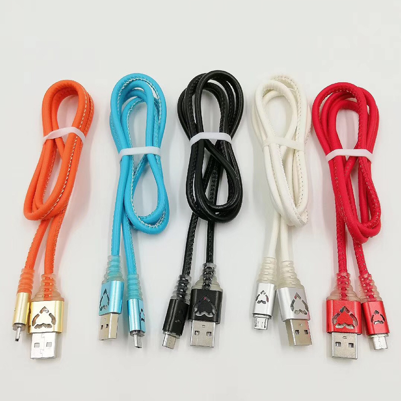 LED PU-läder Snabbladdning Rund aluminiumskåp USB-kabel för mikro-USB, typ C, iPhone-blixtladdning och synk