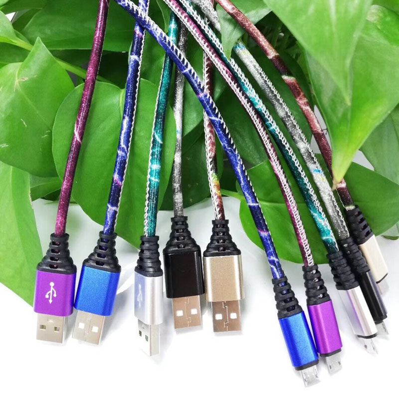 Lysande PU-läder Snabbladdning Rund aluminiumskåp USB-kabel för mikro-USB, typ C, iPhone-blixtladdning och synk