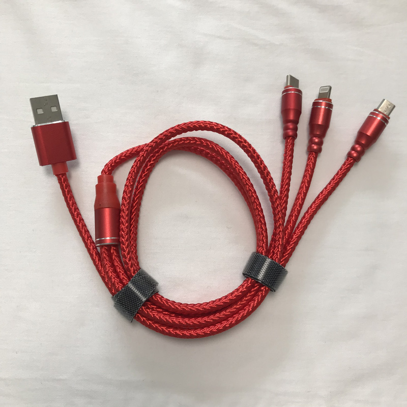 3 IN 1 Flätad kabel Laddning runt aluminiumhus USB 2.0 Mikro till blixtar Typ C mikro USB-datakabel