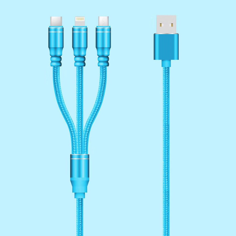 3 IN 1 Flätad kabel Laddning runt aluminiumhus USB 2.0 Mikro till blixtar Typ C mikro USB-datakabel