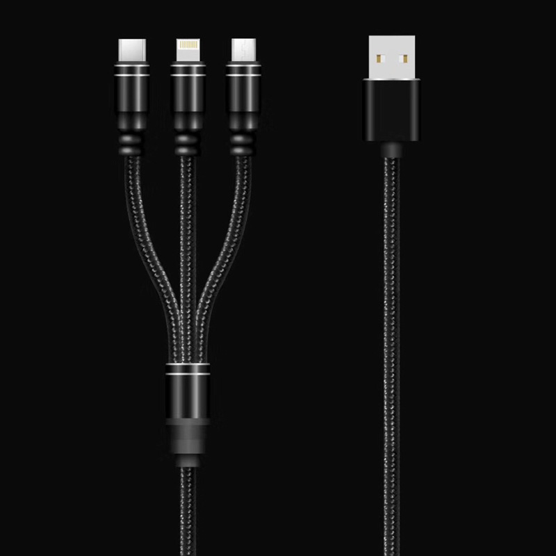 3 IN 1 Flätad kabel Laddning runt aluminiumhus USB 2.0 Mikro till blixtar Typ C mikro USB-datakabel