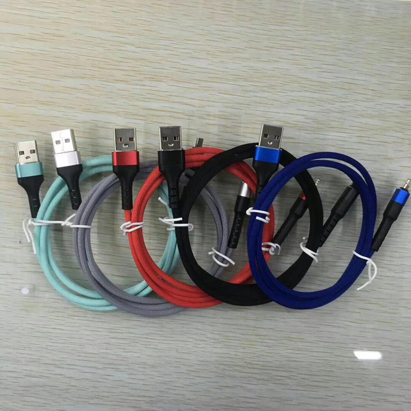 Snabbladdning Rund aluminiumshölje Flätad Flex bockning USB-datakabel för mikro-USB, typ C, iPhone-blixtladdning och synk