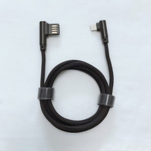 Dubbel ansikte USB 2.0 Dubbel höger vinkel Flätad snabbladdning Rund aluminiumskåp USB-datakabel för mikro USB, typ C, iPhone blixtladdning och synk