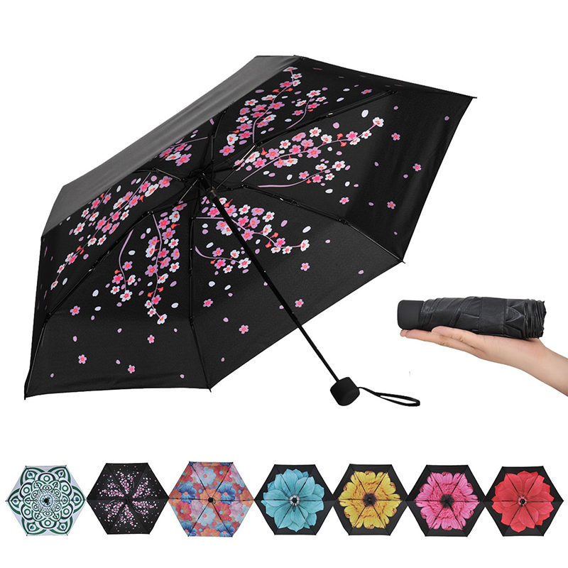Populärt solskydd inre blommutskrift 5-faldigt mini-paraply