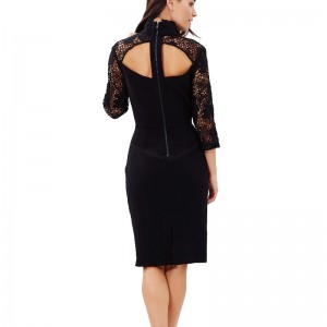 3/4 ärm damer svart spets midi klänning