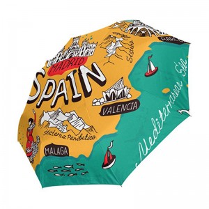 Vindtät specialutskrift Pongee-tyg 2-sektion glasfiber revben automatisk 3 vikbart paraply