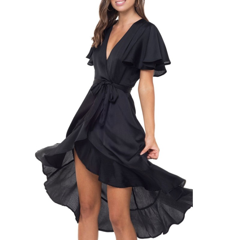 Kvinnors svart dubbel ruffle wrap lång klänning