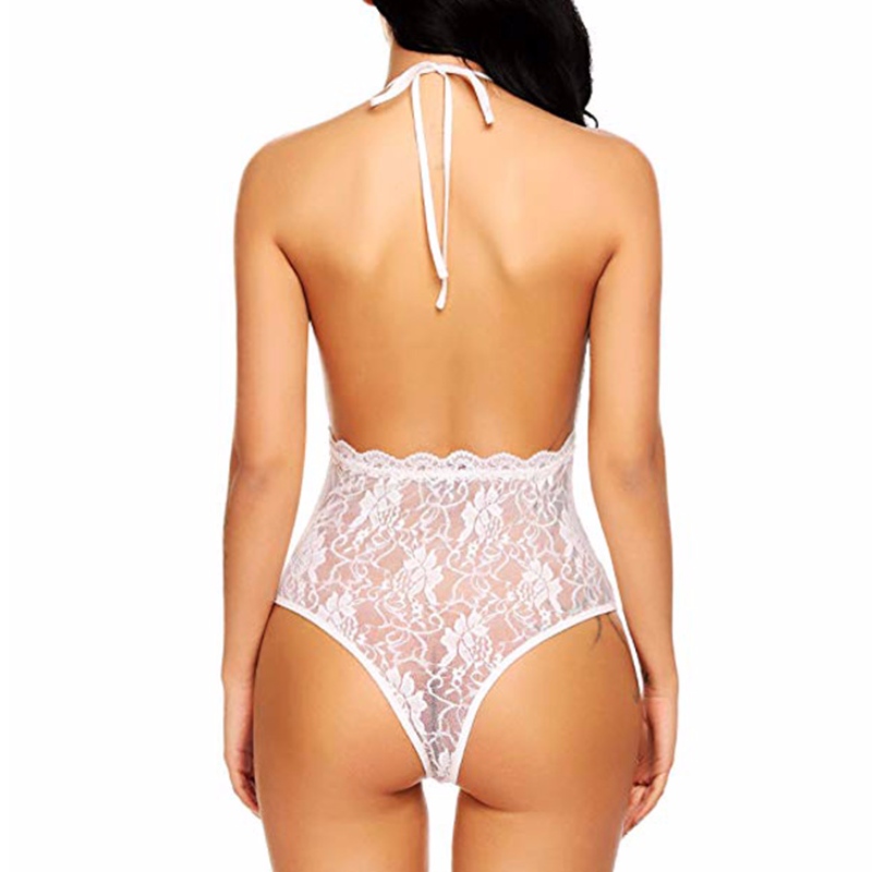 Sexig Genomskinlig Blomkant Halter Lågskuren Bodysuit Bomullsängkläder Underkläder N18931