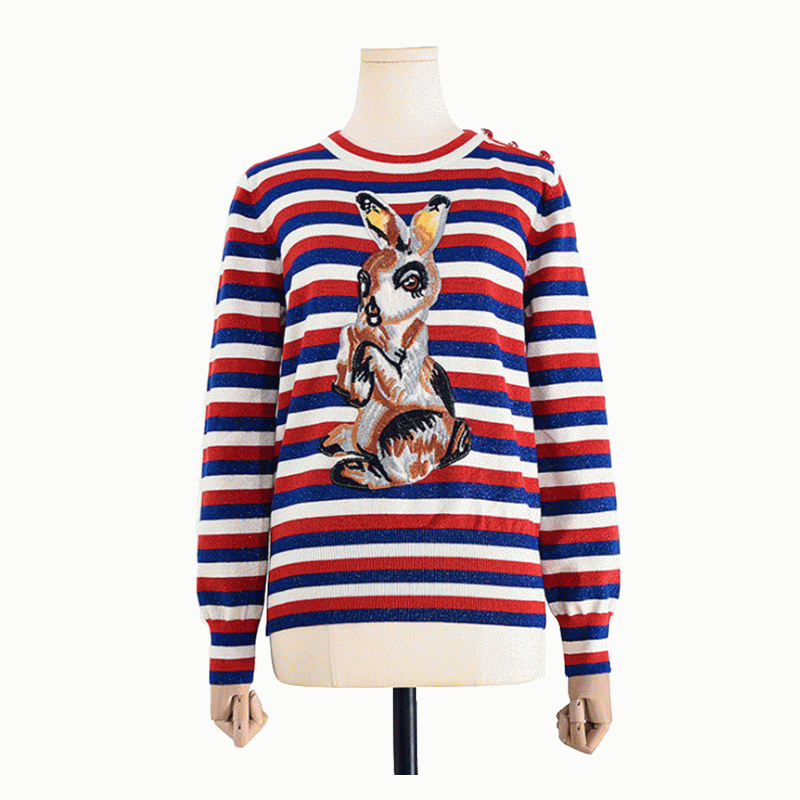 100% bomullströja Stripe Jacquard Kanin Patch Stickat Kvinnor