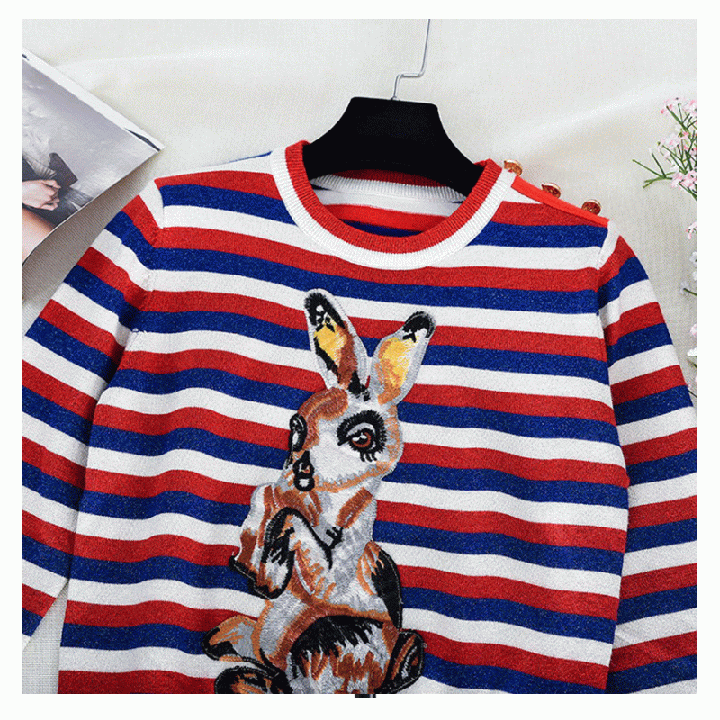 100% bomullströja Stripe Jacquard Kanin Patch Stickat Kvinnor