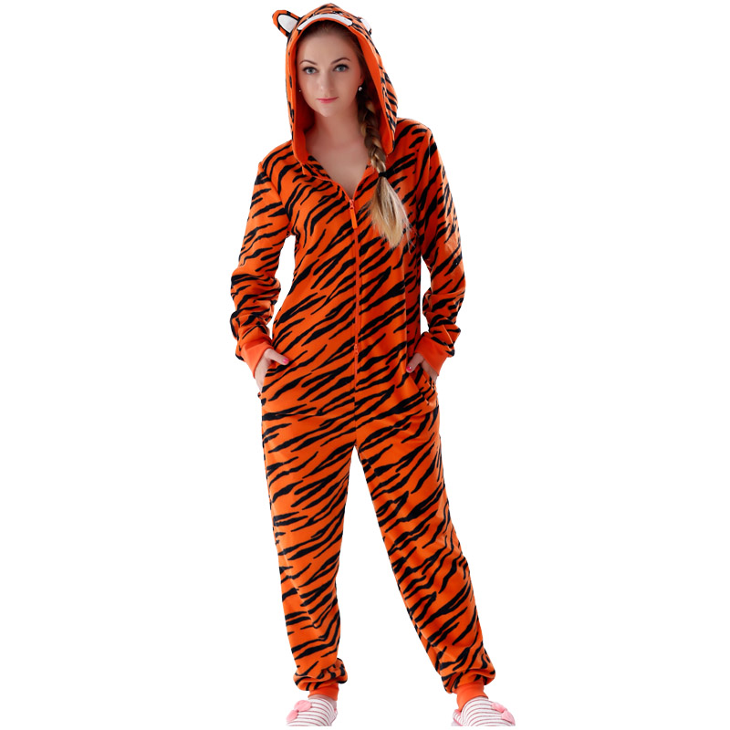 Kvinnor Microfiber Fleece Hooded Tiger Onesie Pajamasocka