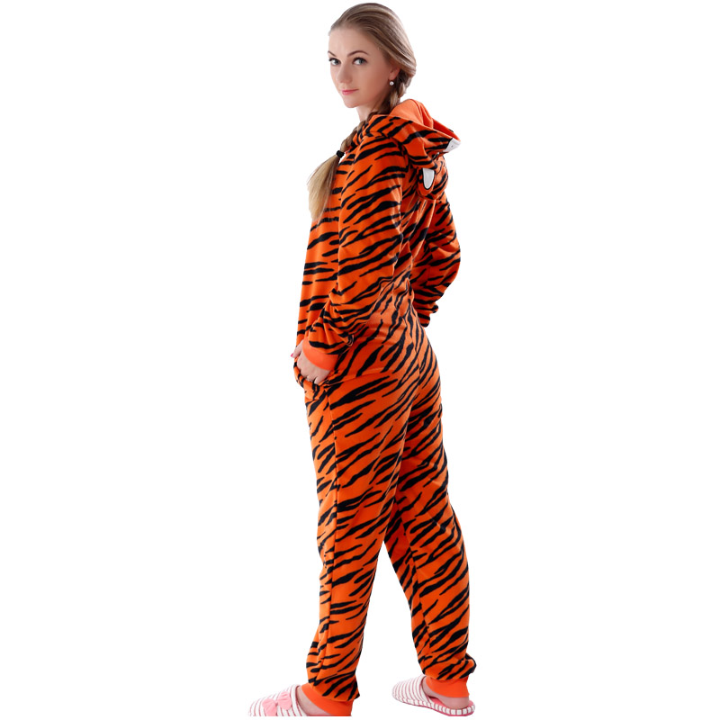 Kvinnor Microfiber Fleece Hooded Tiger Onesie Pajamasocka