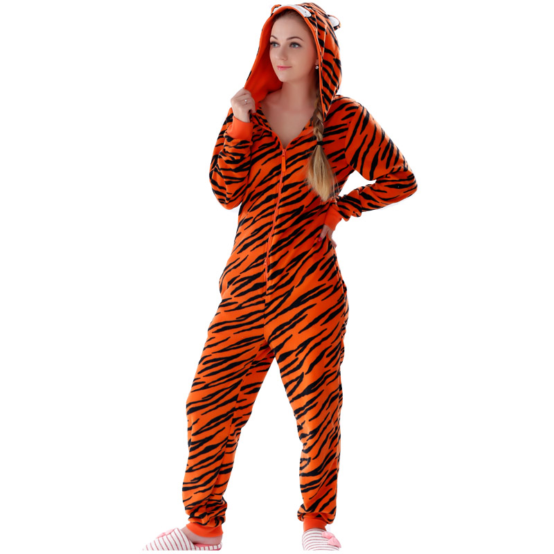 Kvinnor Microfiber Fleece Hooded Tiger Onesie Pajamasocka