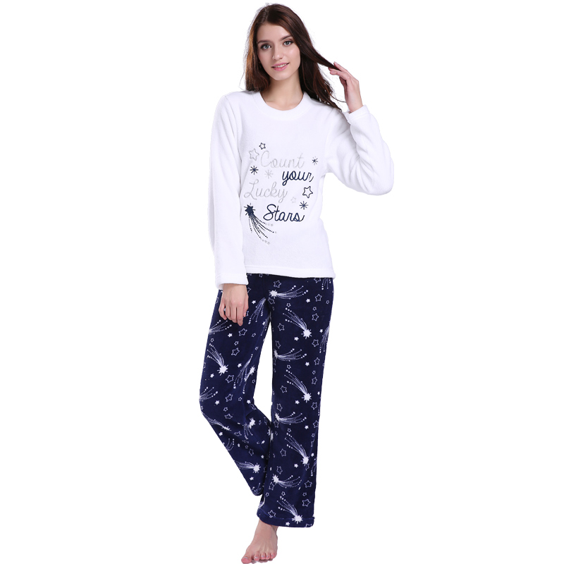 Kvinnor Broderi Tryckt Microfiber Fleece Pajamaset