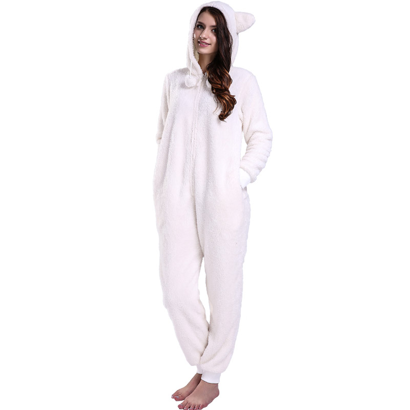 Women Cream Onesie Pyjamas Hooded With Animal Ears