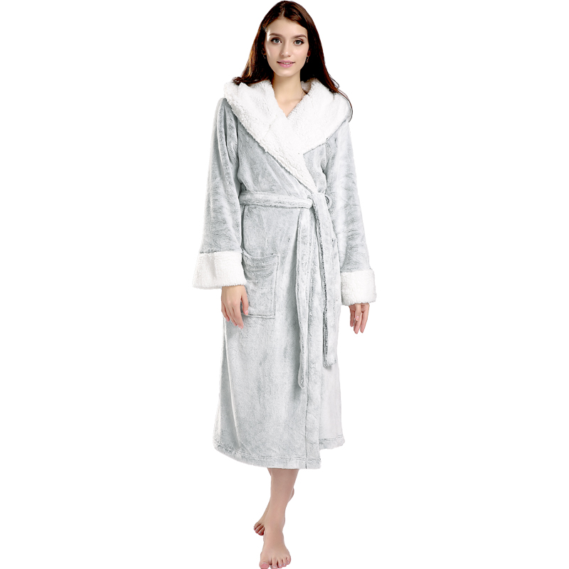 Vuxen Glansig Flannel Fleece Robes Kvinnor Spliced ​​Hooded Pyjamas