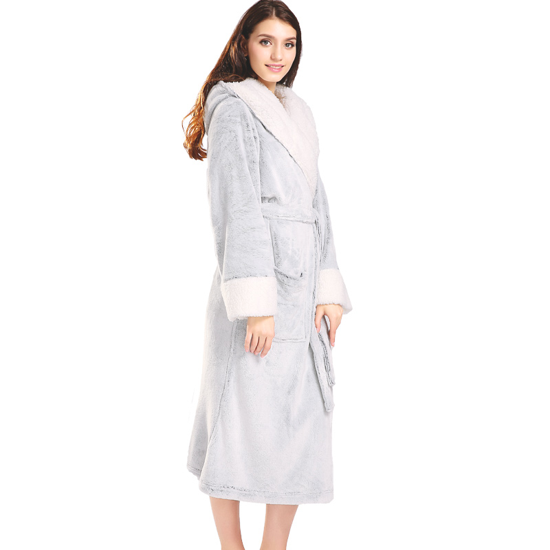 Vuxen Glansig Flannel Fleece Robes Kvinnor Spliced ​​Hooded Pyjamas
