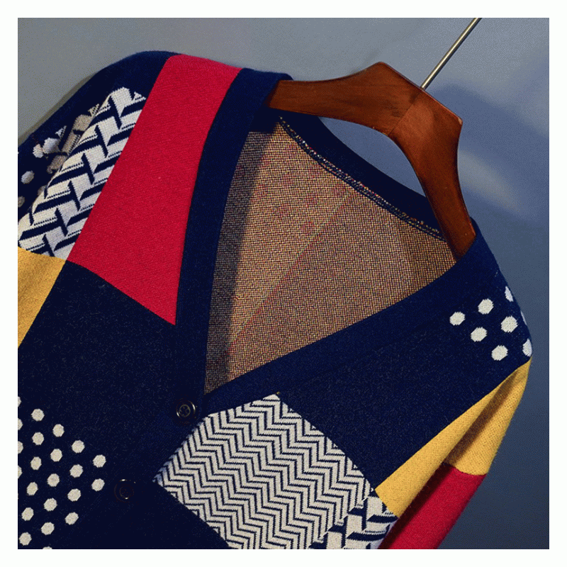 2019 Plus Storlek Kontrastfärg Jacquard Winter Fall Ladies Cardigan Knit Sweater