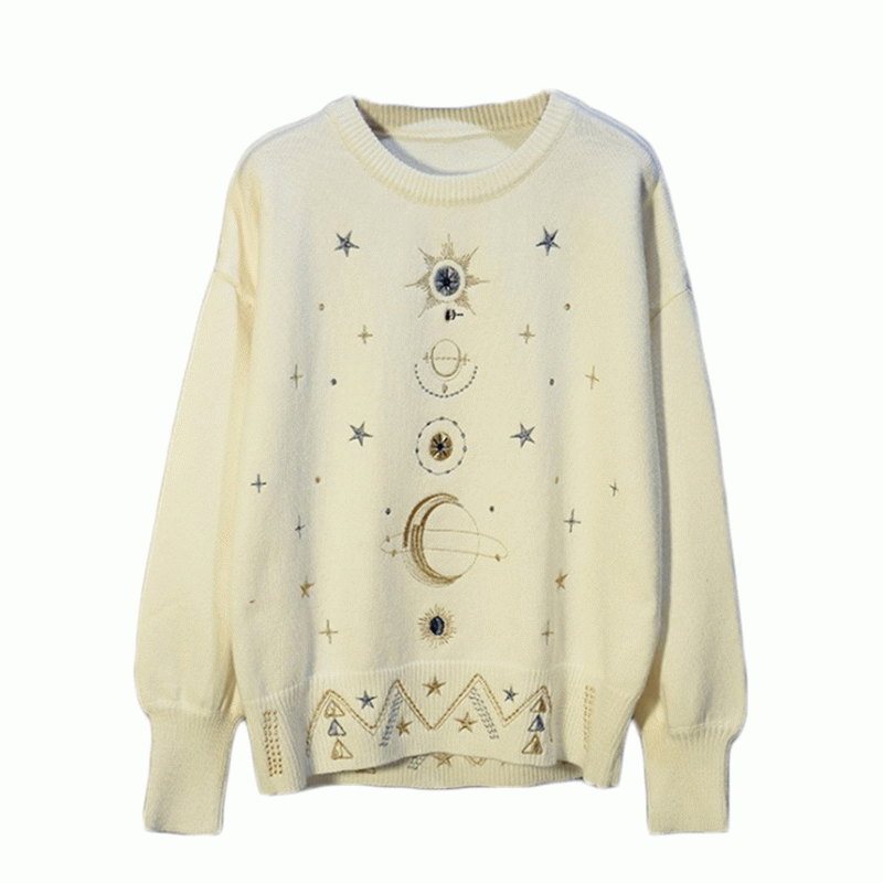 2019 Loose Heavy Work Gold Fur Luxy Starry Broderi Round Neck Tjock Stickad tröja