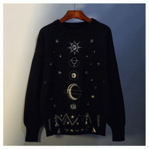 2019 Loose Heavy Work Gold Fur Luxy Starry Broderi Round Neck Tjock Stickad tröja