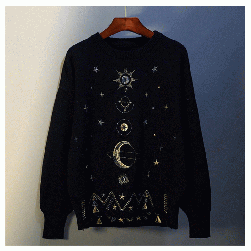 2019 Loose Heavy Work Gold Fur Luxy Starry Broderi Round Neck Tjock Stickad tröja