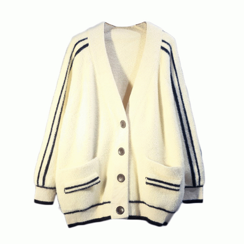 2019 Nyaste Loose Imitation Mink Stripes Jacquard Ladies Cardigan Sweater