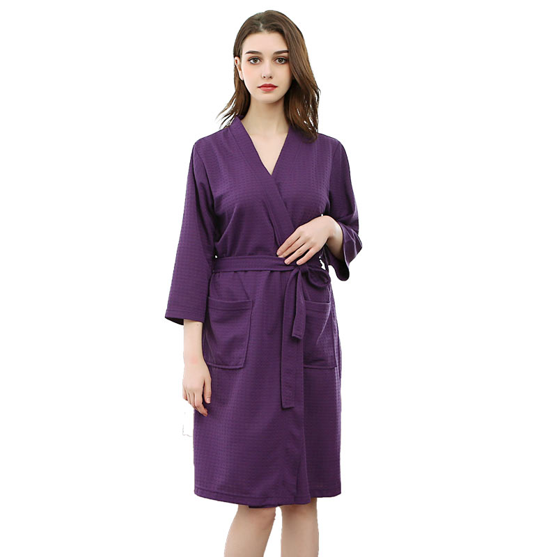 Women Waffle Fleece Robe Solid Color Knä Längd Kimono Pyjamas