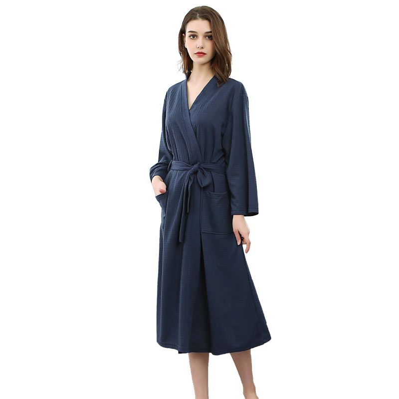 Women Waffle Fleece Robe Solid Color Knä Längd Kimono Pyjamas