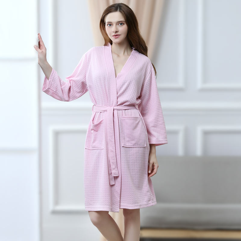 Women Waffle Fleece Robe Solid Color Knä Längd Kimono Pyjamas
