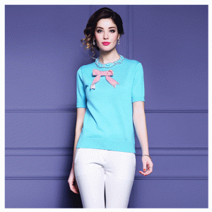 Skräddarsydd OEM Butterfly Knot Rhinestone Sewed Summer Ladies Pullover Stickad tröja