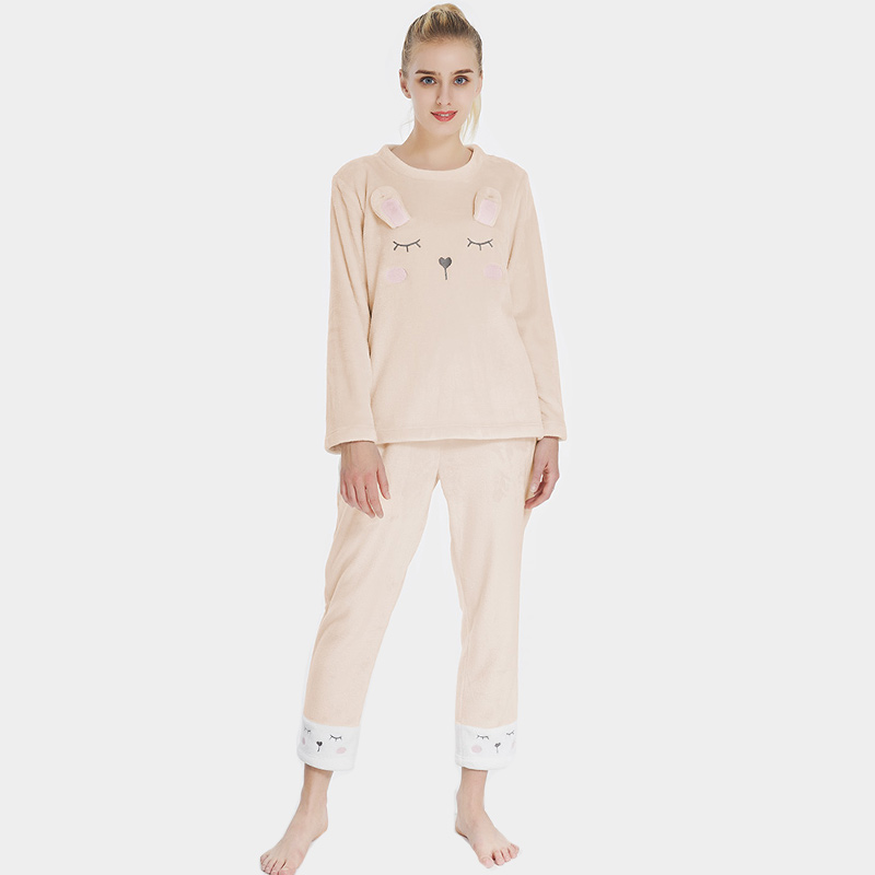 Kvinnor Flannel Fleece Animal Broderi Kanin Pyjamas Set