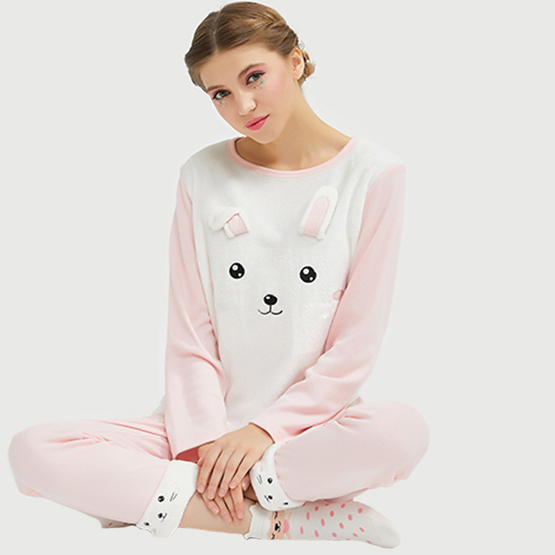 Kvinnor Flannel Fleece Animal Broderi Katt Pyjamas Set