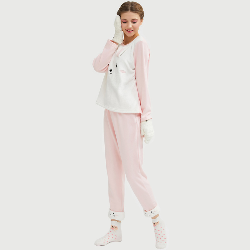 Kvinnor Flannel Fleece Animal Broderi Katt Pyjamas Set