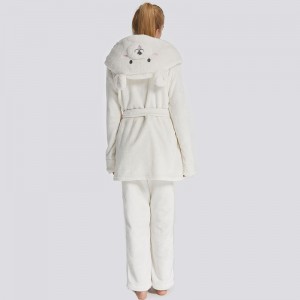 Women Flannel Fleece Animal Broderi Hooded Bear Pyjamas Set