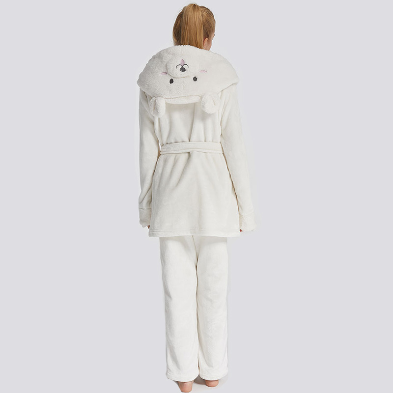 Women Flannel Fleece Animal Broderi Hooded Bear Pyjamas Set